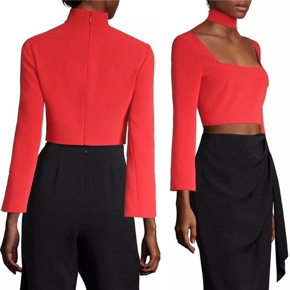NWT CINQ SEPT 90s Mockneck Choker Cutout Square Neck Long Bell Sleeve Crop Top 2 - Picture 3 of 12